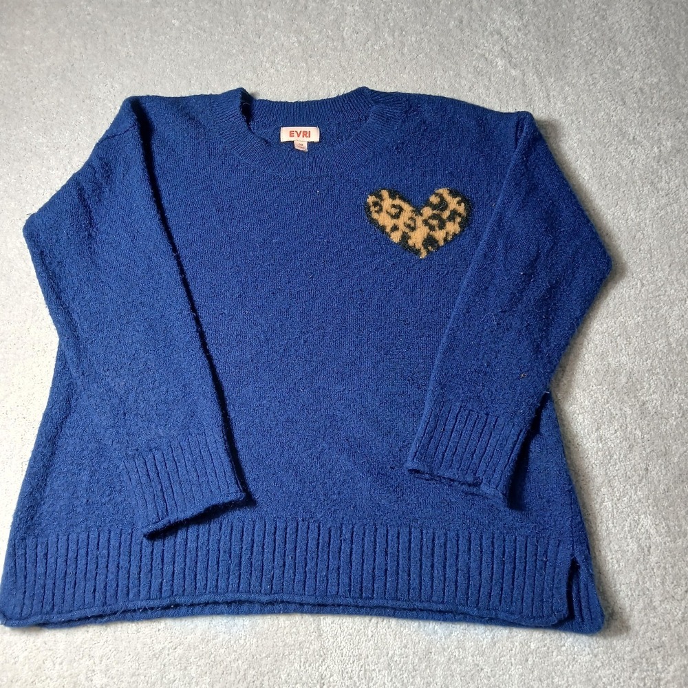 EVRI Women SWEATER  0X Royal Blue Cheetah Heart Pullover Metallic Generous